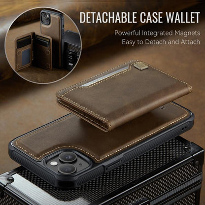 For iPhone 15 Plus AutSpace A13 MagSafe Magnetic RFID Flip Card Bag Phone Case(Coffee)