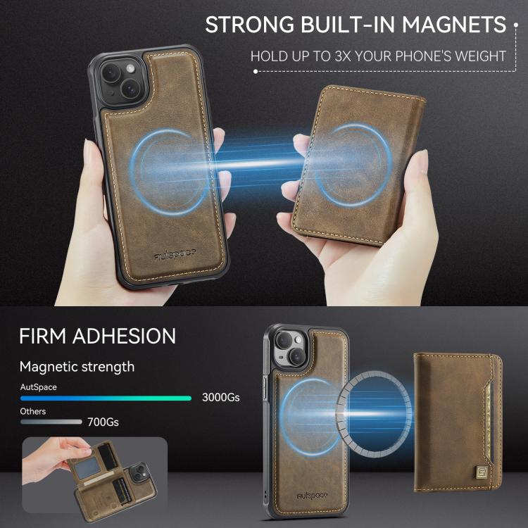 For iPhone 15 Plus AutSpace A13 MagSafe Magnetic RFID Flip Card Bag Phone Case(Coffee)