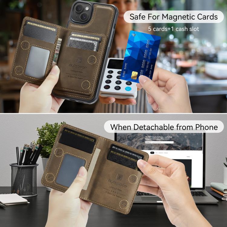 For iPhone 15 Plus AutSpace A13 MagSafe Magnetic RFID Flip Card Bag Phone Case(Coffee)