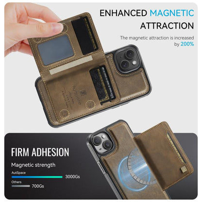 For iPhone 15 Plus AutSpace A13 MagSafe Magnetic RFID Flip Card Bag Phone Case(Coffee)