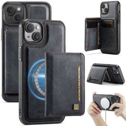 For iPhone 15 Plus AutSpace A13 MagSafe Magnetic RFID Flip Card Bag Phone Case(Black)