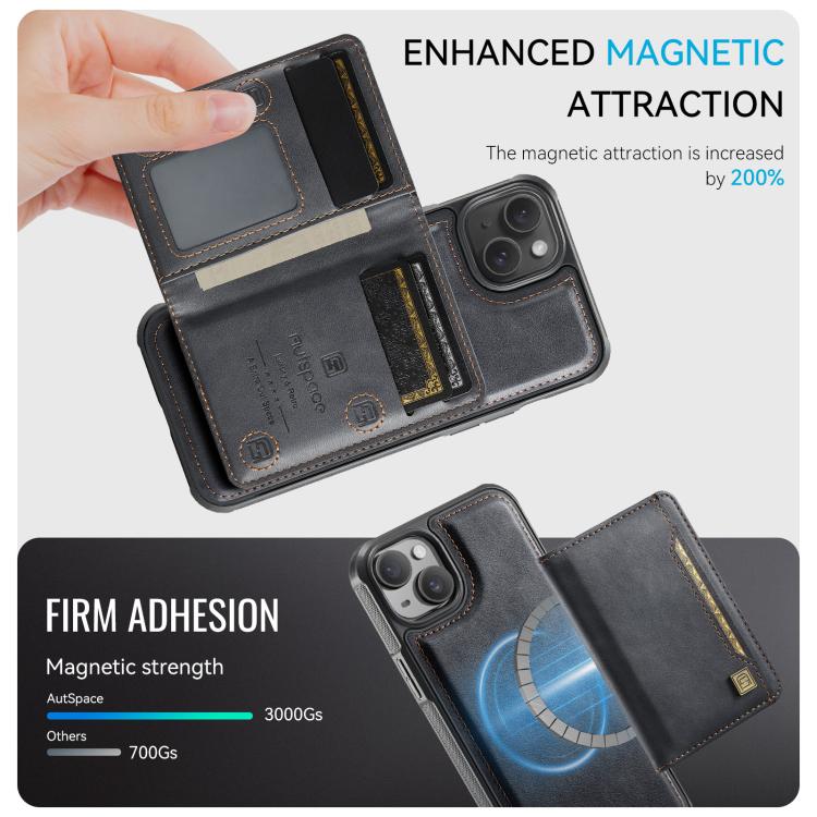 For iPhone 15 Plus AutSpace A13 MagSafe Magnetic RFID Flip Card Bag Phone Case(Black)