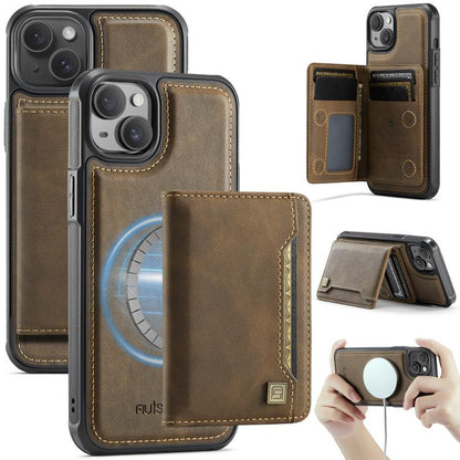 Pour iPhone 14 Plus AutSpace A13 MagSafe Magnétique RFID Flip Card Bag Étui de téléphone (Café)