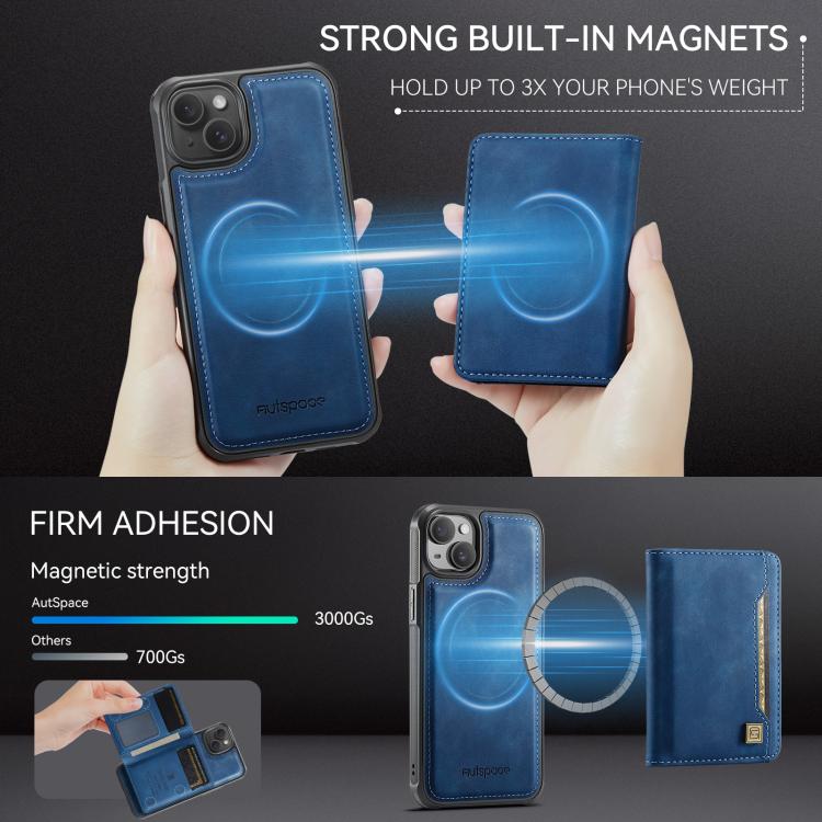 For iPhone 14 AutSpace A13 MagSafe Magnetic RFID Flip Card Bag Phone Case(Blue)