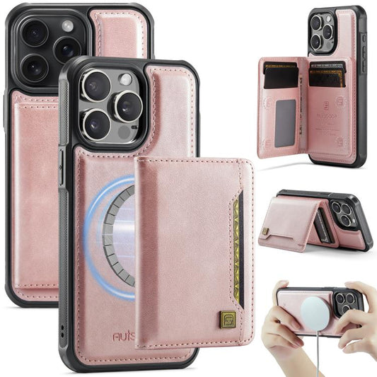 Pour iPhone 14 Pro Max AutSpace A13 MagSafe Magnétique RFID Étui portefeuille à rabat pour téléphone (Or Rose)