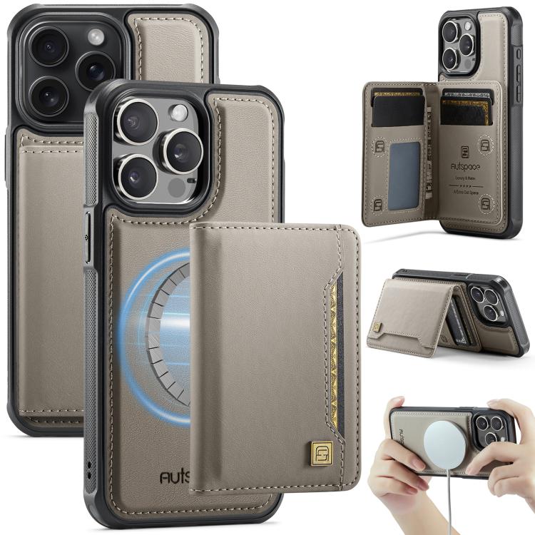 Pour iPhone 13 Pro Max AutSpace A13 MagSafe Magnétique RFID Flip Étui Portefeuille Téléphone (Gris)