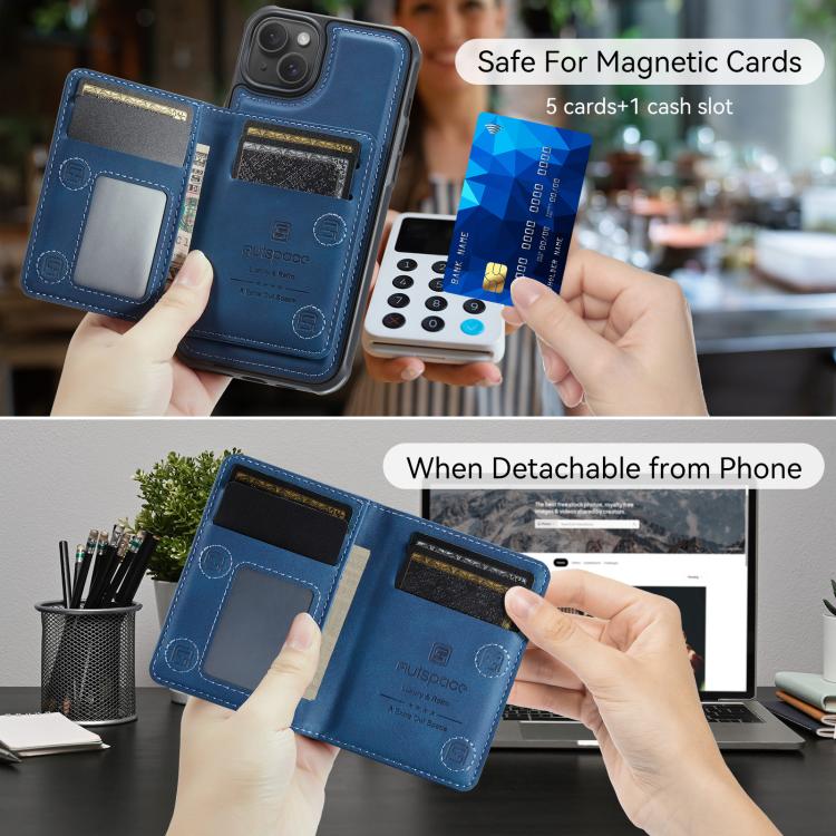 For iPhone 13 AutSpace A13 MagSafe Magnetic RFID Flip Card Bag Phone Case(Blue)