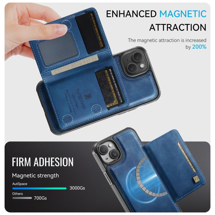 For iPhone 13 AutSpace A13 MagSafe Magnetic RFID Flip Card Bag Phone Case(Blue)