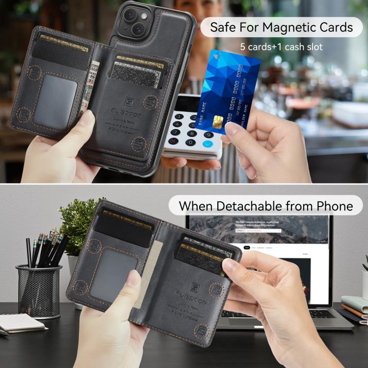 For iPhone 13 AutSpace A13 MagSafe Magnetic RFID Flip Card Bag Phone Case(Black)