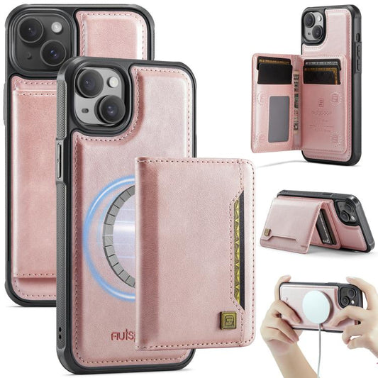 Pour iPhone 13 AutSpace A13 MagSafe magnétique RFID Flip Card Bag Étui de Téléphone (Or Rose)