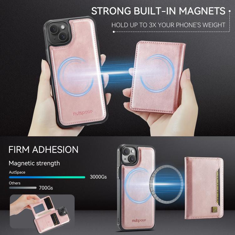 For iPhone 13 AutSpace A13 MagSafe Magnetic RFID Flip Card Bag Phone Case(Rose Gold)