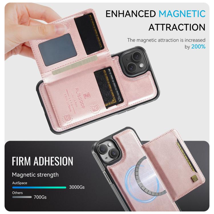 For iPhone 13 AutSpace A13 MagSafe Magnetic RFID Flip Card Bag Phone Case(Rose Gold)