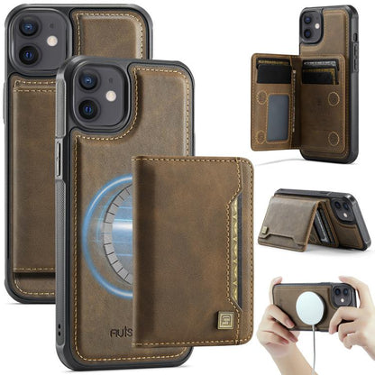 For iPhone 12 AutSpace A13 MagSafe Magnetic RFID Flip Card Bag Phone Case(Coffee)