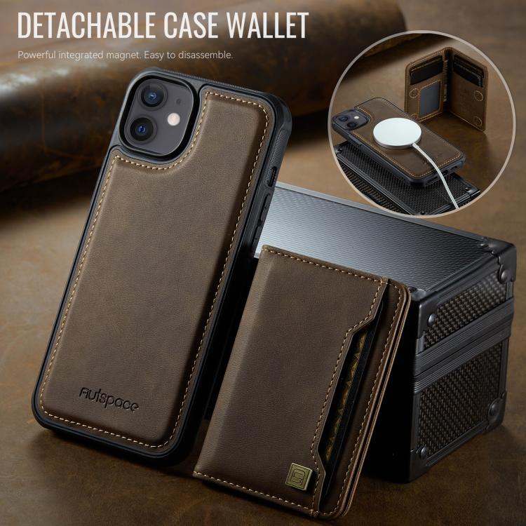 For iPhone 12 AutSpace A13 MagSafe Magnetic RFID Flip Card Bag Phone Case(Coffee)