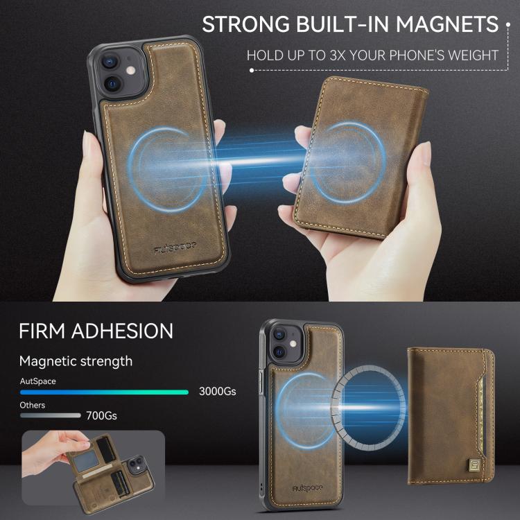 For iPhone 12 AutSpace A13 MagSafe Magnetic RFID Flip Card Bag Phone Case(Coffee)