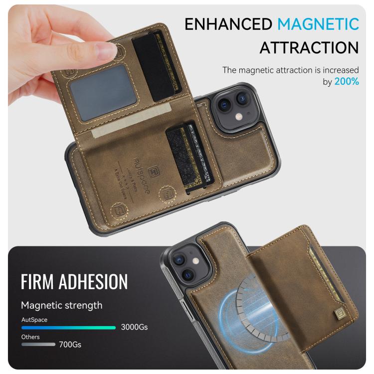 For iPhone 12 AutSpace A13 MagSafe Magnetic RFID Flip Card Bag Phone Case(Coffee)