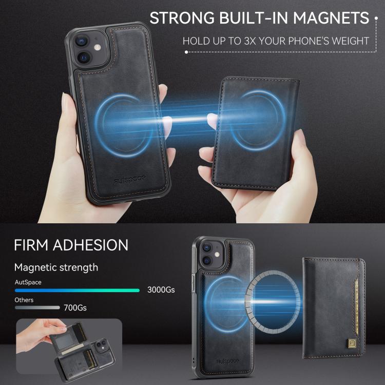 For iPhone 12 AutSpace A13 MagSafe Magnetic RFID Flip Card Bag Phone Case(Black)