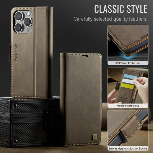 For iPhone 16 Pro Max AutSpace A11 Side Buckle MagSafe Magnetic RFID Phone Leather Case(Coffee)