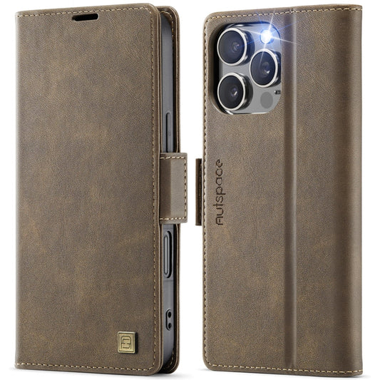 For iPhone 16 Pro AutSpace A11 Side Buckle MagSafe Magnetic RFID Phone Leather Case(Coffee)