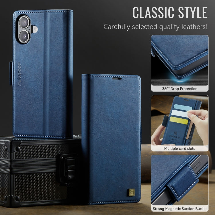 For iPhone 16 Plus AutSpace A11 Side Buckle MagSafe Magnetic RFID Phone Leather Case(Blue)