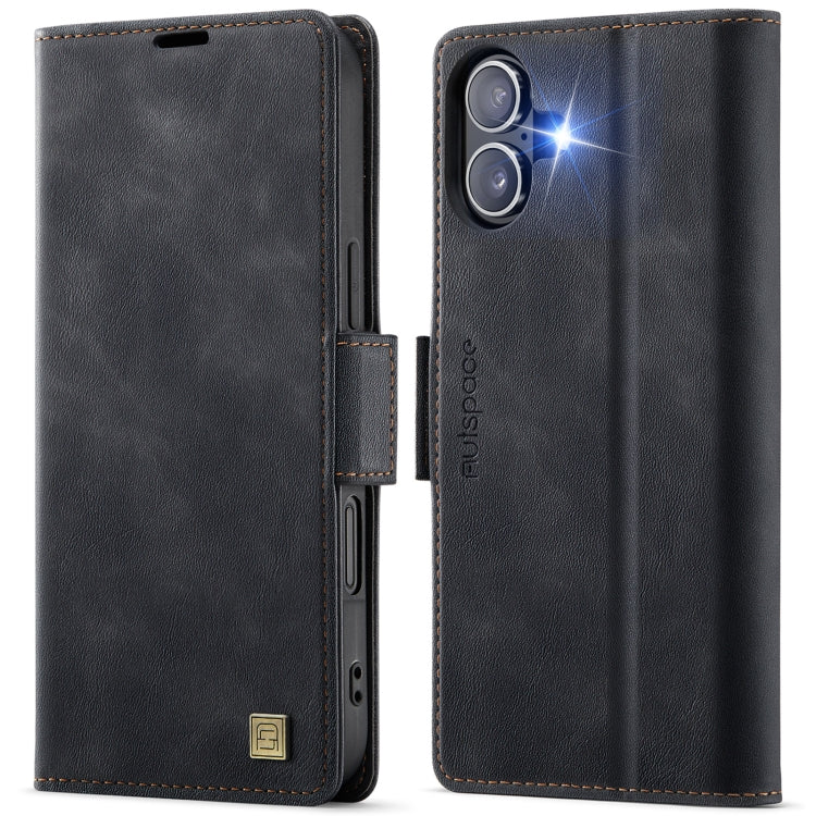 For iPhone 16 AutSpace A11 Side Buckle MagSafe Magnetic RFID Phone Leather Case(Black)