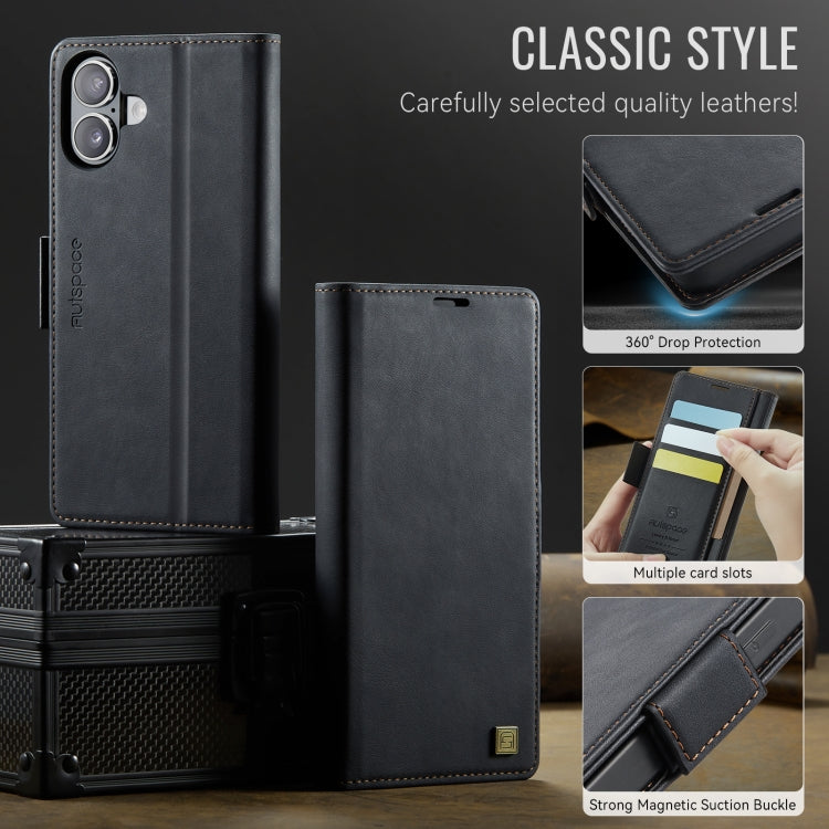 For iPhone 16 AutSpace A11 Side Buckle MagSafe Magnetic RFID Phone Leather Case(Black)