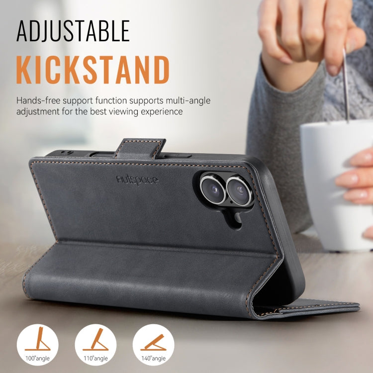 For iPhone 16 AutSpace A11 Side Buckle MagSafe Magnetic RFID Phone Leather Case(Black)