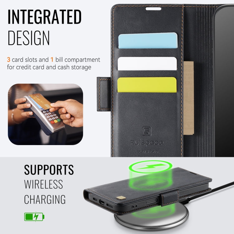 For iPhone 16 AutSpace A11 Side Buckle MagSafe Magnetic RFID Phone Leather Case(Black)