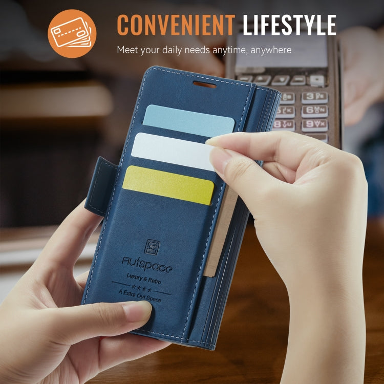 For iPhone 16 AutSpace A11 Side Buckle MagSafe Magnetic RFID Phone Leather Case(Blue)