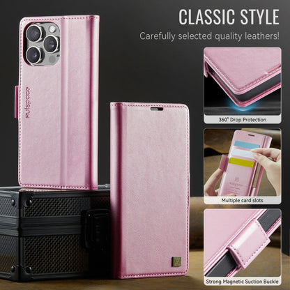 Pour iPhone 15 Pro Max AutSpace A11 Étui en cuir magnétique MagSafe RFID avec boucle latérale (or rose)
