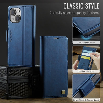 For iPhone 15 Plus AutSpace A11 Side Buckle MagSafe Magnetic RFID Phone Leather Case(Blue)