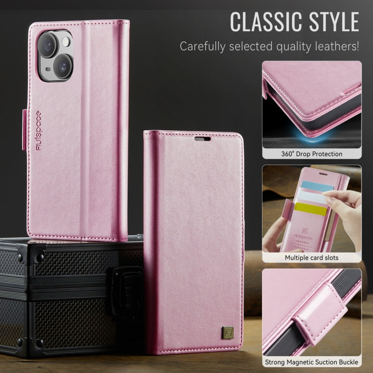 For iPhone 15 Plus AutSpace A11 Side Buckle MagSafe Magnetic RFID Phone Leather Case(Rose Gold)