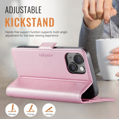 For iPhone 15 Plus AutSpace A11 Side Buckle MagSafe Magnetic RFID Phone Leather Case(Rose Gold)
