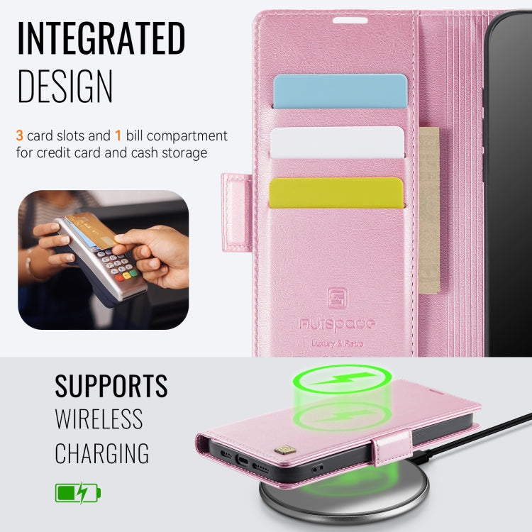 For iPhone 15 Plus AutSpace A11 Side Buckle MagSafe Magnetic RFID Phone Leather Case(Rose Gold)