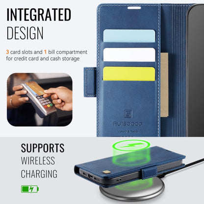 For iPhone 14 Plus AutSpace A11 Side Buckle MagSafe Magnetic RFID Phone Leather Case(Blue)