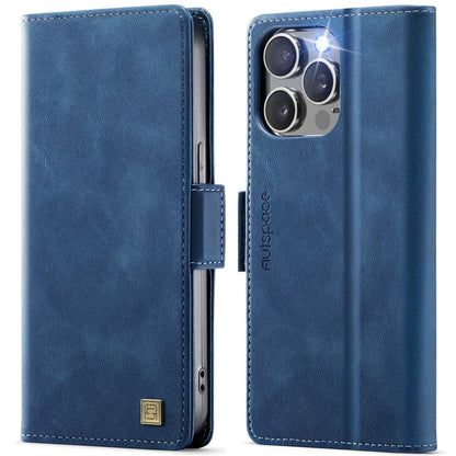 For iPhone 13 Pro Max AutSpace A11 Side Buckle MagSafe Magnetic RFID Phone Leather Case(Blue)