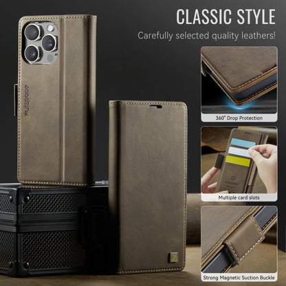 For iPhone 13 Pro AutSpace A11 Side Buckle MagSafe Magnetic RFID Phone Leather Case(Coffee)
