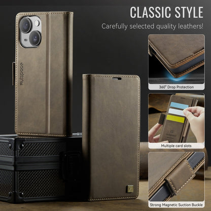For iPhone 13 AutSpace A11 Side Buckle MagSafe Magnetic RFID Phone Leather Case(Coffee)