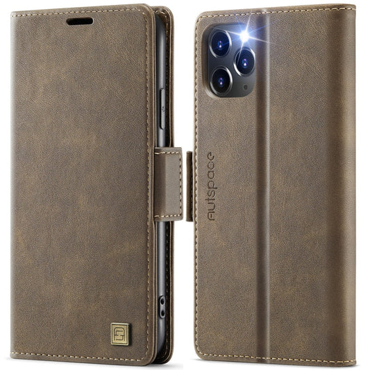 For iPhone 11 Pro Max AutSpace A11 Side Buckle MagSafe Magnetic RFID Phone Leather Case(Coffee)