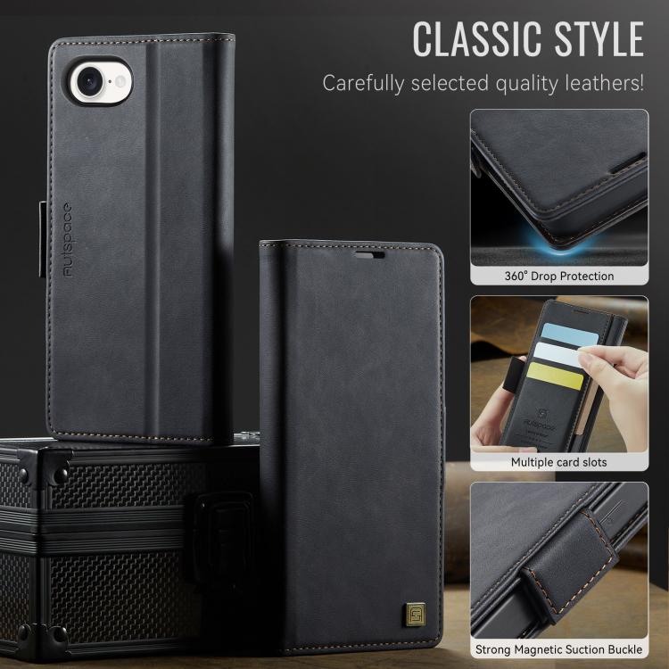 For iPhone 17e / 16e AutSpace A11 Side Buckle MagSafe Magnetic RFID Phone Leather Case(Black)
