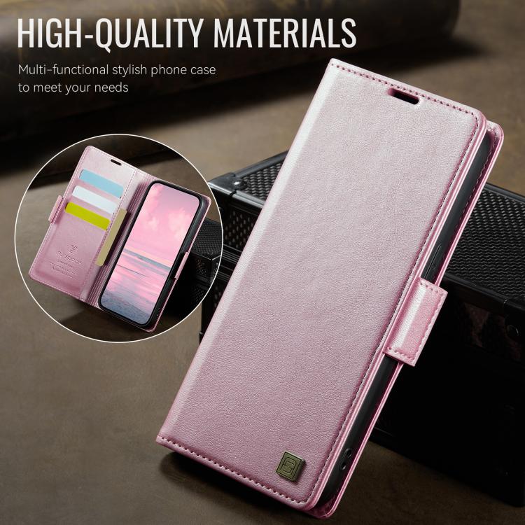 Pour iPhone 17e / 16e AutSpace A11 Étui en Cuir Magnétique MagSafe avec Boucle Latérale et Blocage RFID (Or Rose)