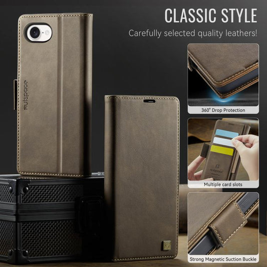 For iPhone 17e / 16e AutSpace A11 Side Buckle MagSafe Magnetic RFID Phone Leather Case(Coffee)