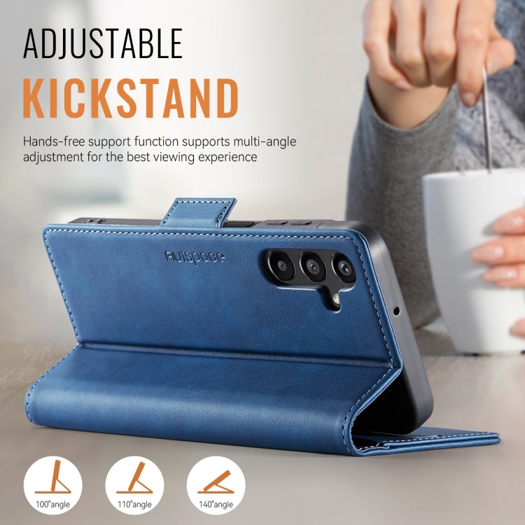 For Samsung Galaxy A14 4G / 5G AutSpace A11 Side Buckle MagSafe Magnetic RFID Phone Leather Case(Blue)