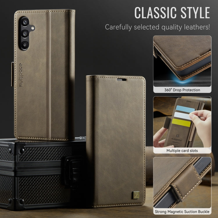 For Samsung Galaxy A15 4G / 5G AutSpace A11 Side Buckle MagSafe Magnetic RFID Phone Leather Case(Coffee)