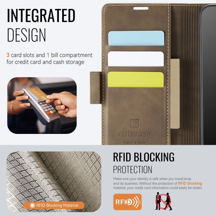 For Samsung Galaxy A15 4G / 5G AutSpace A11 Side Buckle MagSafe Magnetic RFID Phone Leather Case(Coffee)