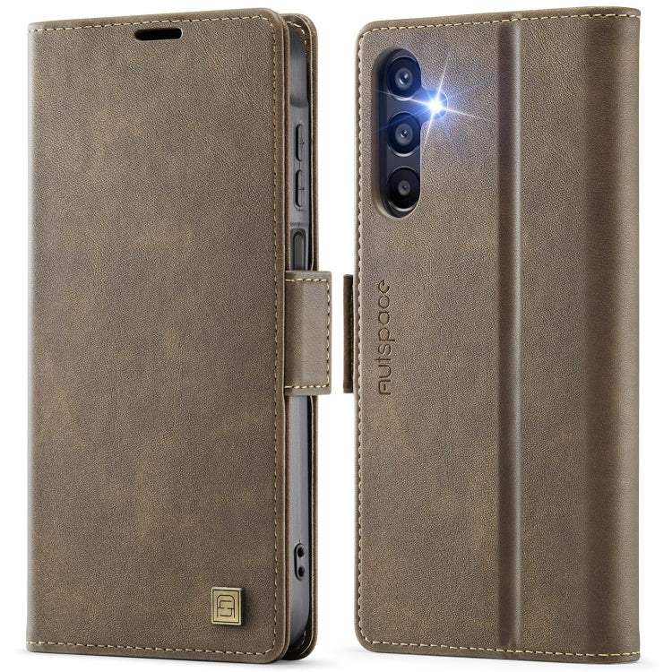 For Samsung Galaxy A16 5G AutSpace A11 Side Buckle MagSafe Magnetic RFID Phone Leather Case(Coffee)
