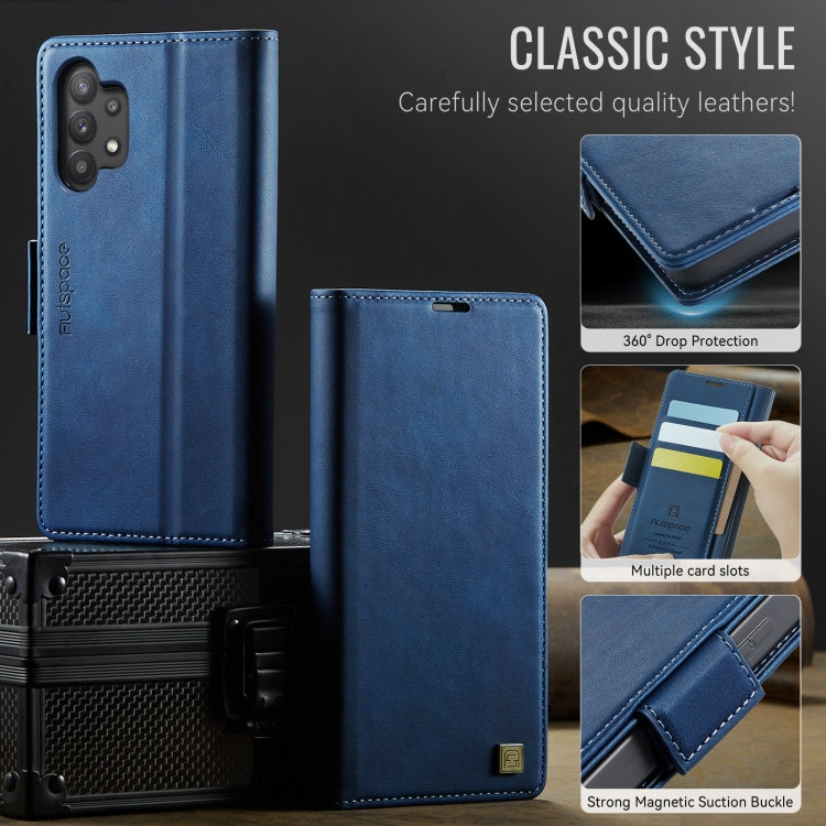 For Samsung Galaxy A32 5G AutSpace A11 Side Buckle MagSafe Magnetic RFID Phone Leather Case(Blue)