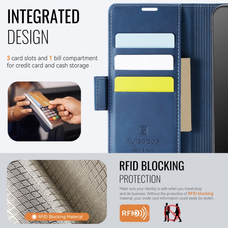 For Samsung Galaxy A32 5G AutSpace A11 Side Buckle MagSafe Magnetic RFID Phone Leather Case(Blue)