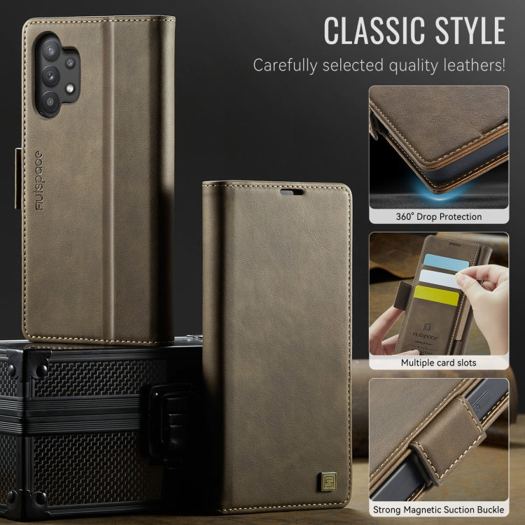 For Samsung Galaxy A32 5G AutSpace A11 Side Buckle MagSafe Magnetic RFID Phone Leather Case(Coffee)
