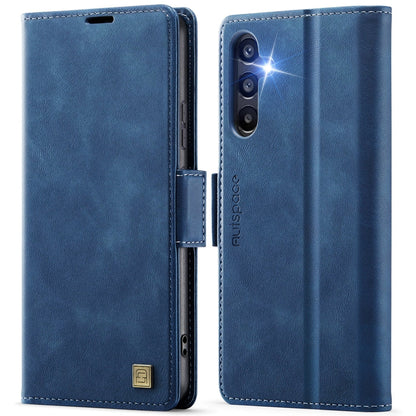 For Samsung Galaxy A34 5G AutSpace A11 Side Buckle MagSafe Magnetic RFID Phone Leather Case(Blue)